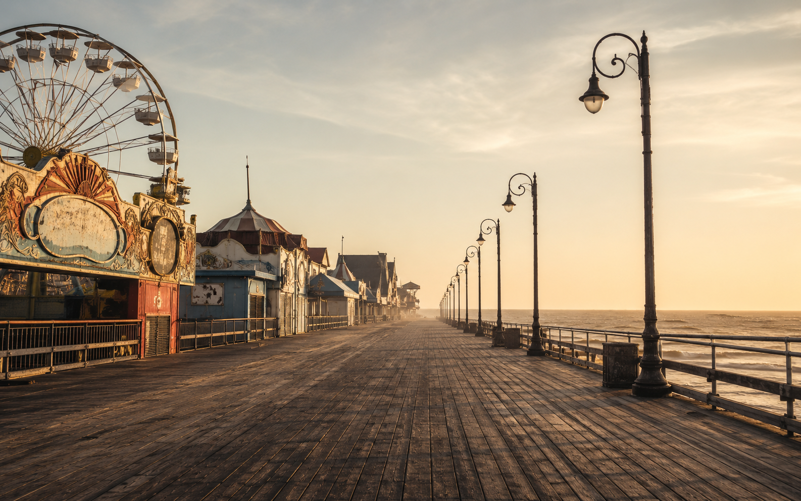 Wooden boardwalk at sunset