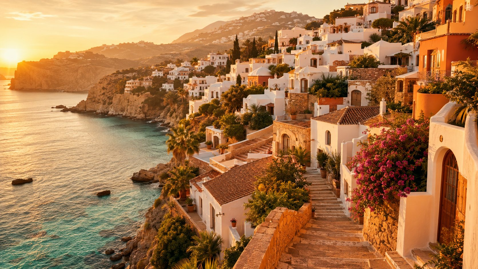 A coastal seaside landscape at golden hour